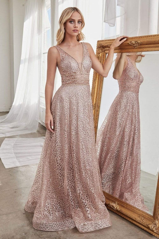 Cinderella Divine - Sequined V-neck A-line Long Prom Dress CJ256 CCSALE 10 / Champagne-Gold