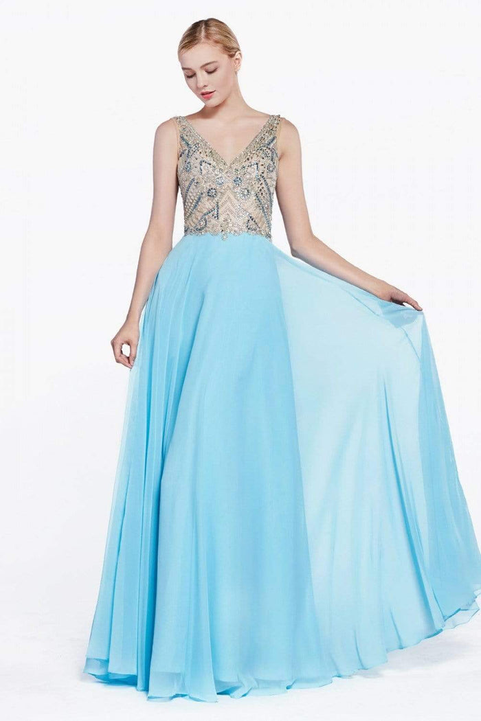 Cinderella Divine - Sheer Long Bell Sleeves Beaded Chiffon Evening Gown Special Occasion Dress 2 / Sky Blue