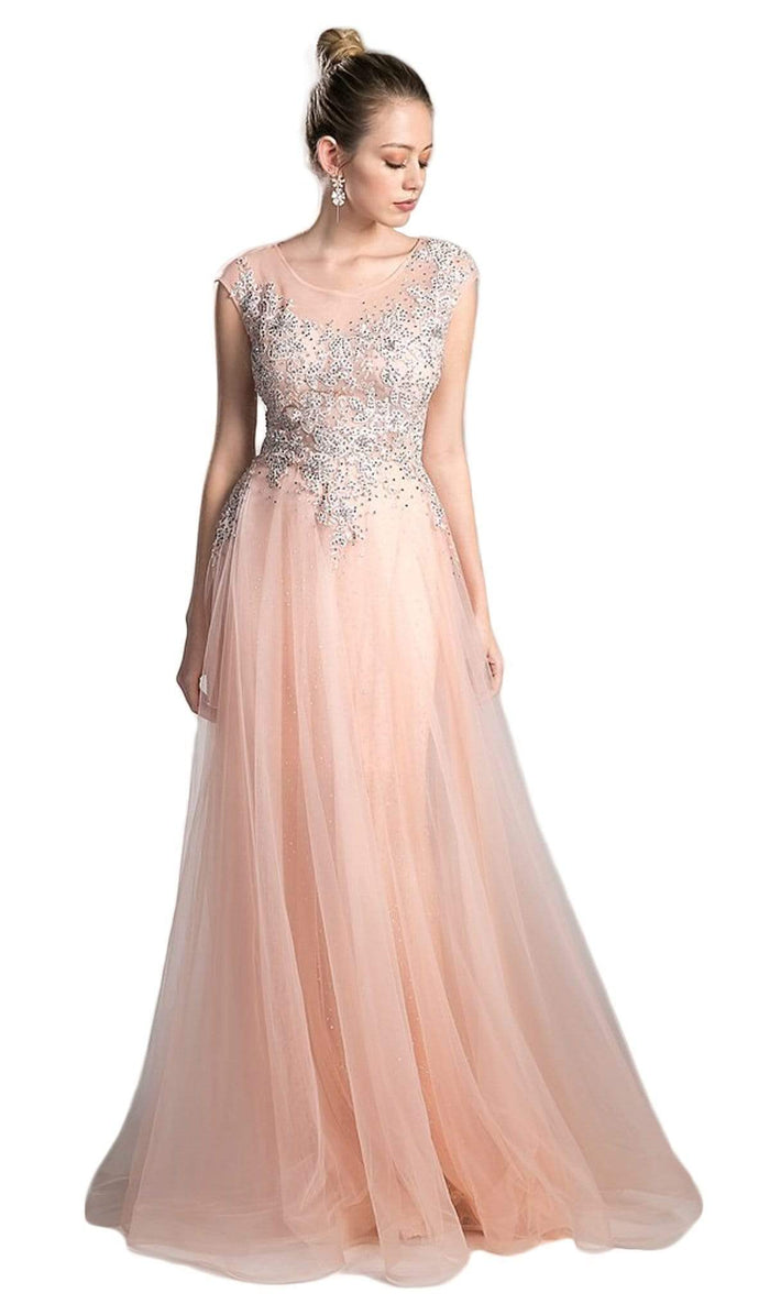 Cinderella Divine - Sheer Scoop Beaded Tulle A-Line Evening Gown Special Occasion Dress 2 / Rose