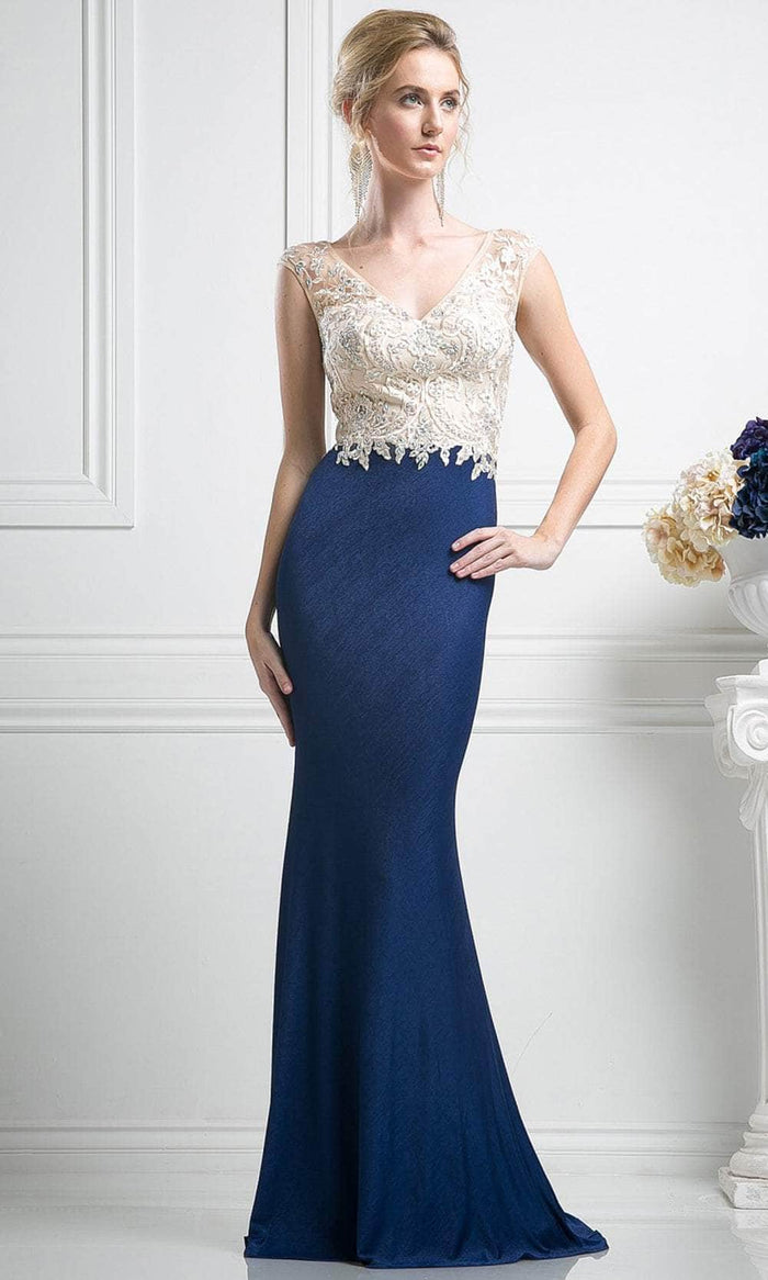 Cinderella Divine SL776 - Lace Applique Bodice Sheath Gown Special Occasion Dress 4 / Navy