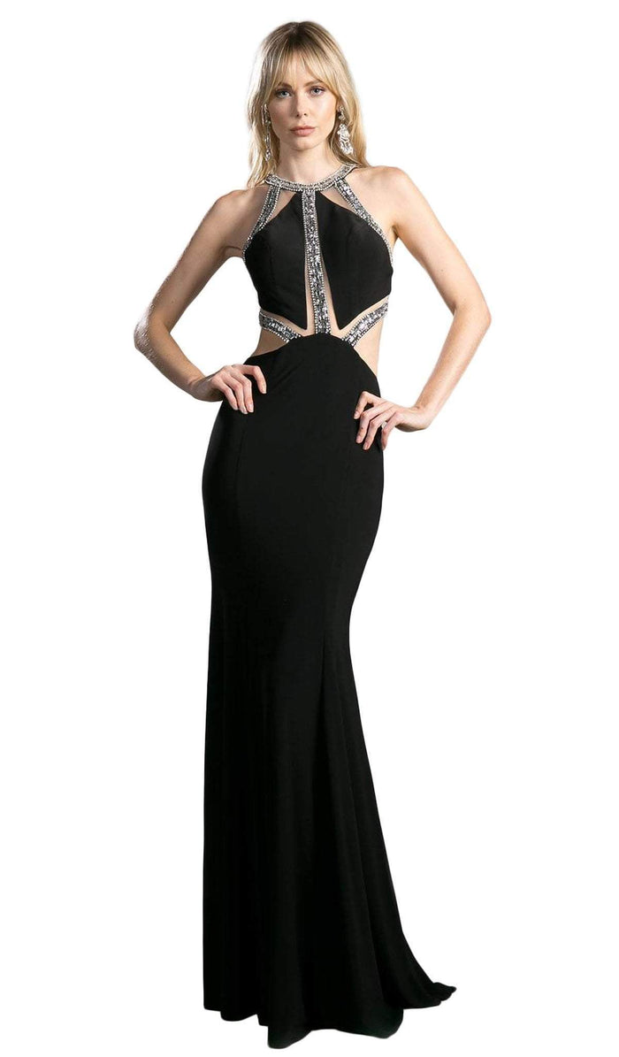 Cinderella Divine - Sleeveless Bedazzled Halter Neck Sheath Dress Special Occasion Dress 2 / Black