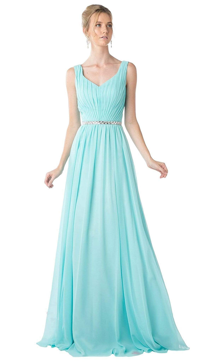 Cinderella Divine - Sleeveless Pleated V-Neck Bodice A-Line Gown Special Occasion Dress 2 / Aqua