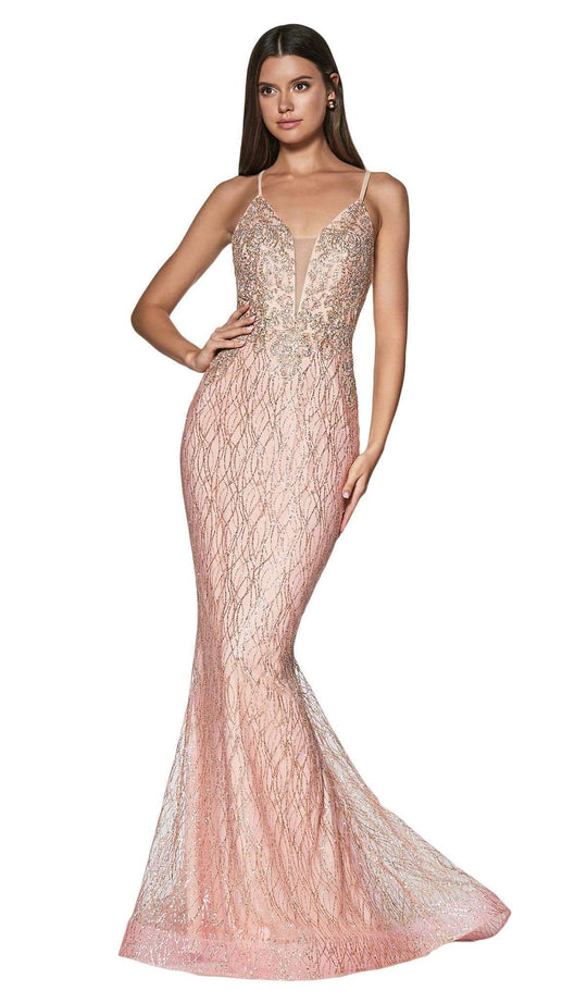 Cinderella Divine - Sleeveless V-Neck Glitter Lace Mermaid Gown ML934 - 2 pcs Rose Gold in sizes M and L Available CCSALE L / Rose Gold
