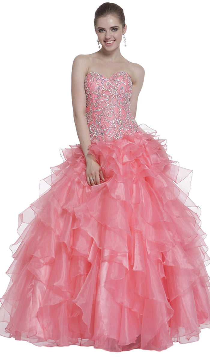 Cinderella Divine - Strapless Beaded Ruffled Evening Gown Special Occasion Dress 2 / Coral