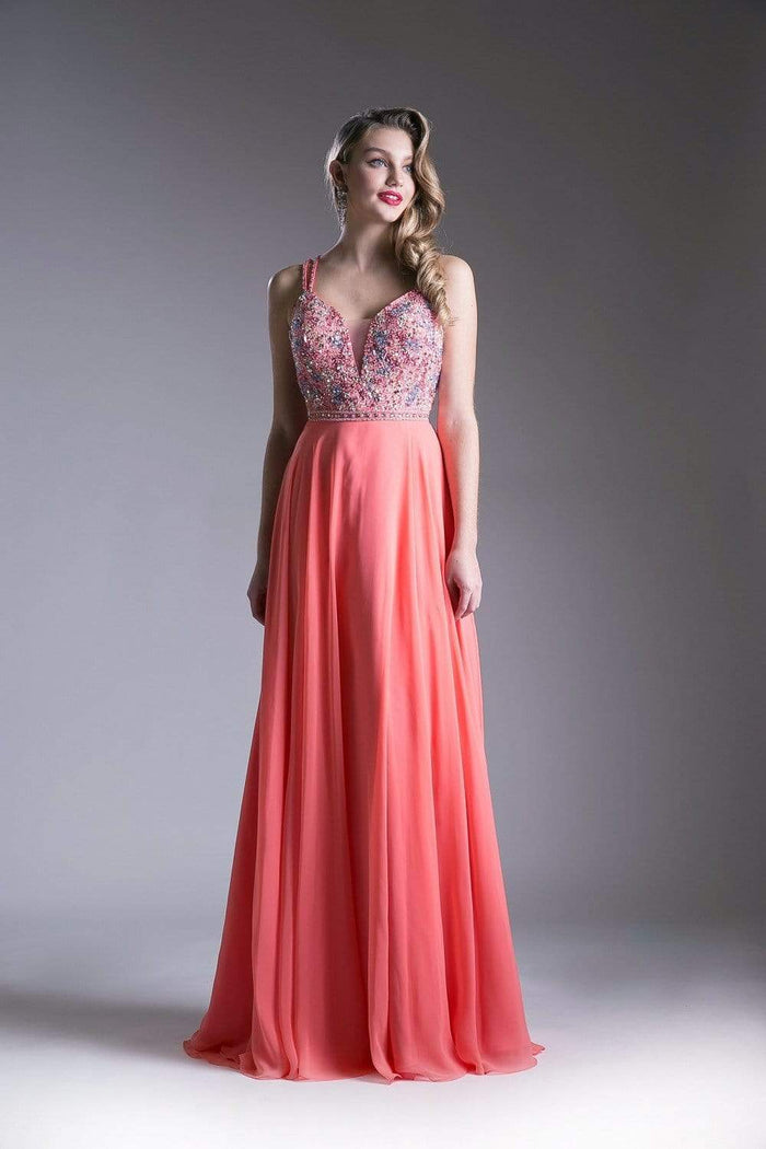 Cinderella Divine - Strappy Beaded Plunging Chiffon Evening Dress Special Occasion Dress 2 / Dark Coral