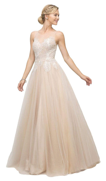 strapless open back dress Champagne Tulle A Line Wedding Dresses Sheer Neck Elegant Bridal Gowns –  TANYA BRIDAL main image 1