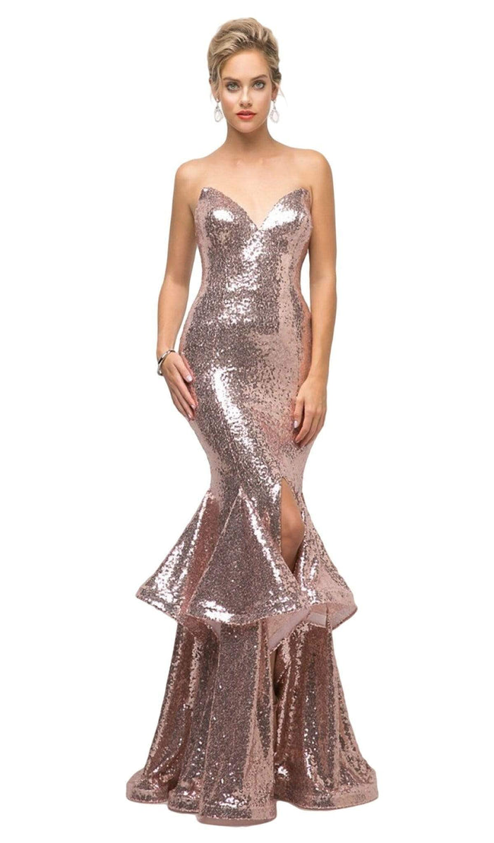 Cinderella Divine - UE010 Allover Sequin Tiered Ruffle Mermaid Gown Evening Dresses 2 / Rose Gold