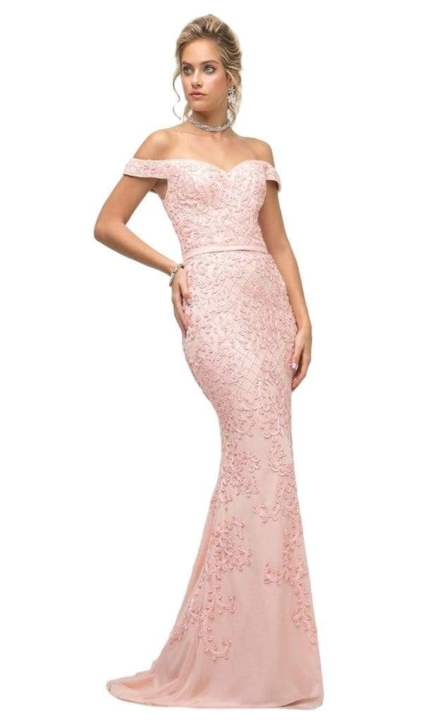 Cinderella Divine - UK012 Off Shoulder Beaded Lace Lattice Ornate Evening Gown - 1 Pc Black in Size 6 Available CCSALE 10 / Blush