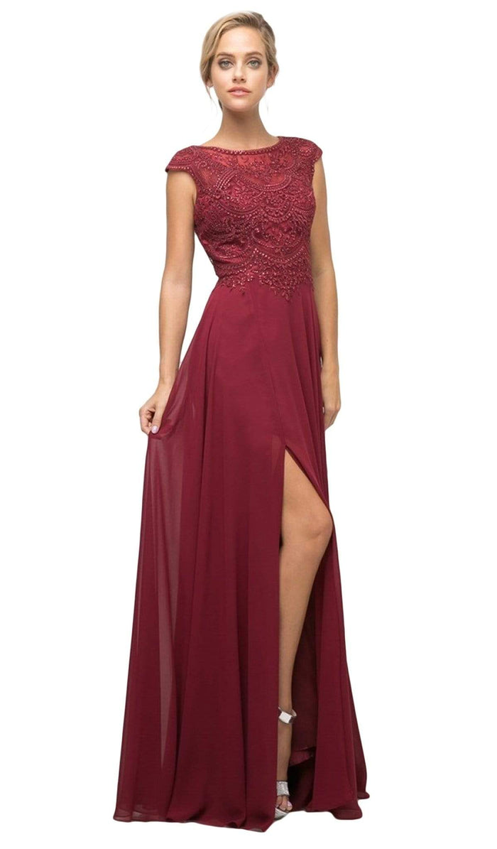 Cinderella Divine - UL035 Beaded Lace Bodice Scallop Cap Sleeve Chiffon Gown - 1 pc Burgundy In Size M Available CCSALE M / Burgundy