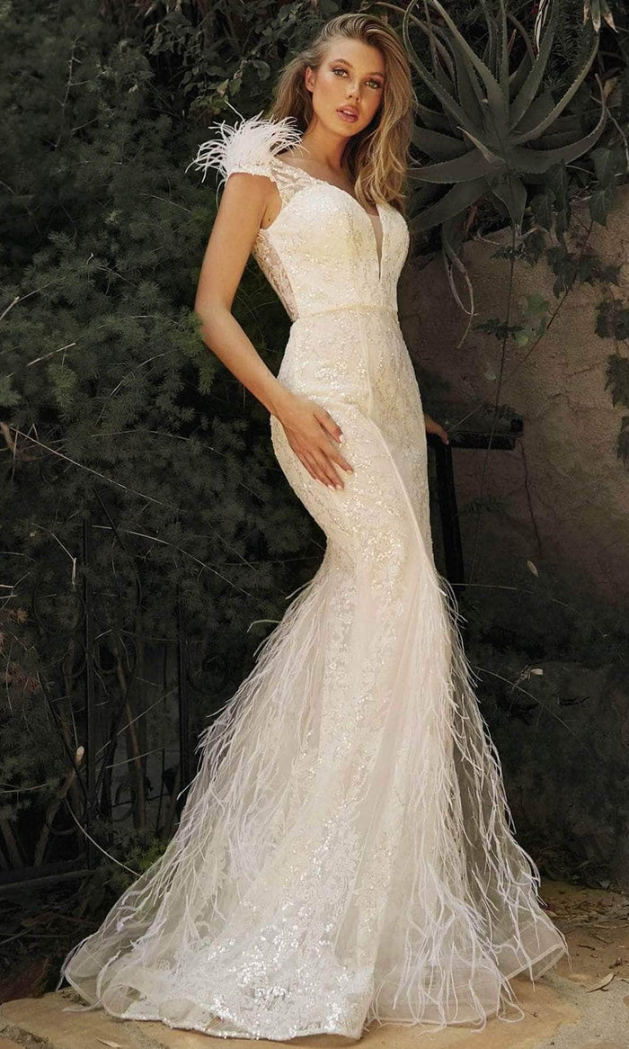 Cinderella Divine - V-Neck Feather Mermaid Bridal Gown C57W - 1 pc Off White In Size 8 Available CCSALE 8 / Off White