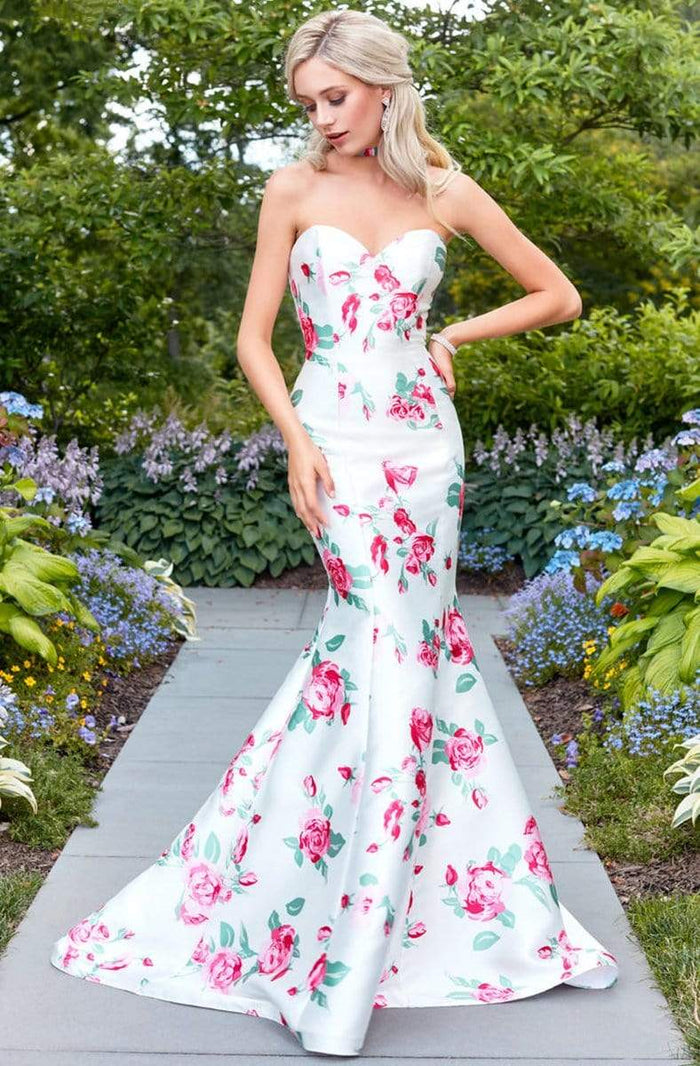 Clarisse - 3424 Strapless Floral Mermaid Gown Evening Dresses 0 / White/Print