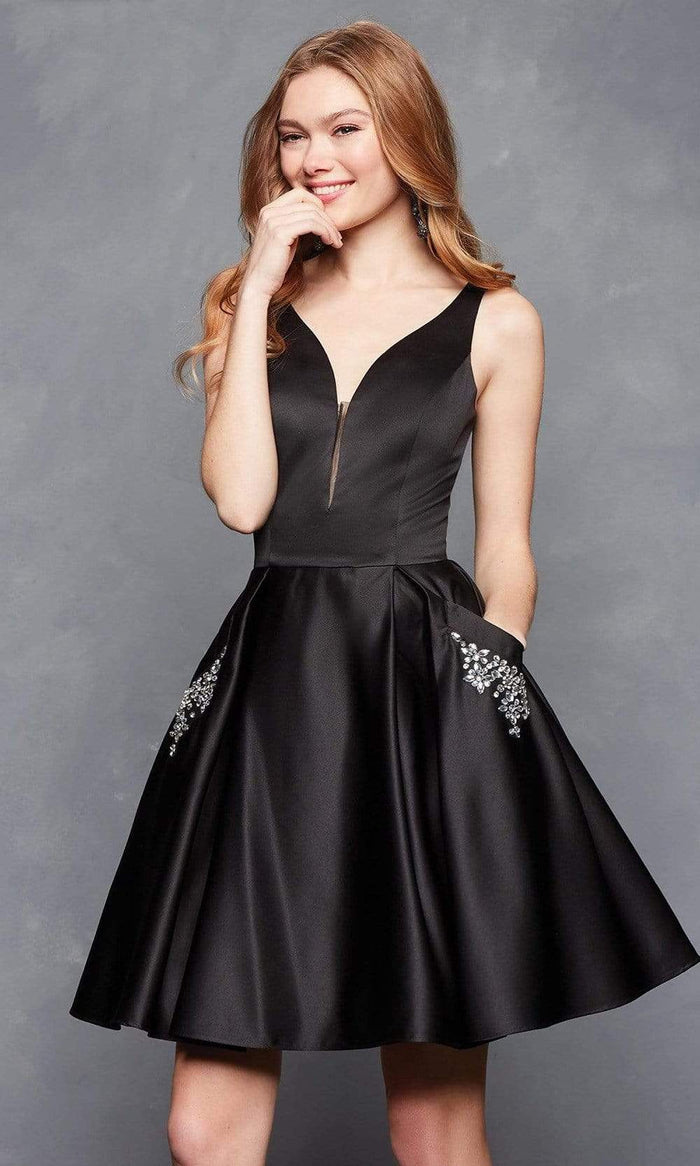 Clarisse - 3613 Illusion Plunging V Neckline Fit and Flare Short Dress Cocktail Dresses 0 / Black