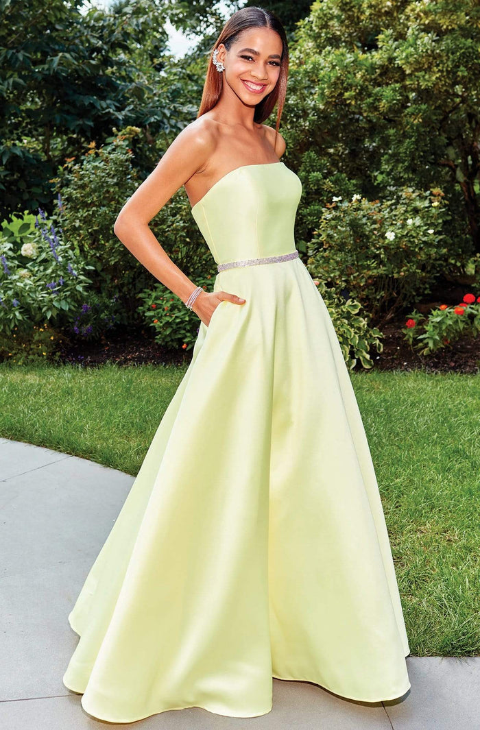 Clarisse - 3739 Strapless Embellished Belt Mikado Prom Gown Special Occasion Dress 0 / Lemon