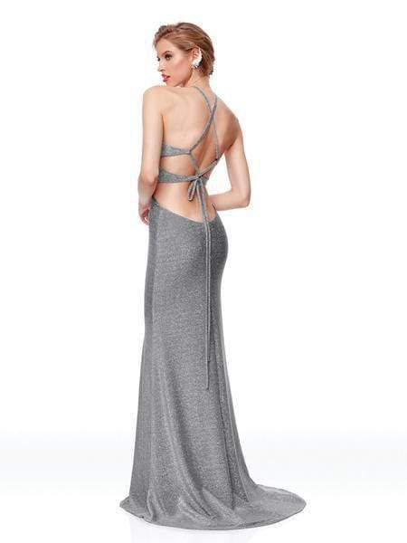 Clarisse - 3789 Lace-Up Halter Shimmer Jersey Gown Special Occasion Dress 0 / Silver