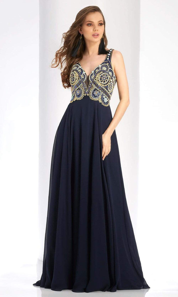 Clarisse - 4924 Deep V-Neck Beaded Chiffon Gown Special Occasion Dress 0 / Navy