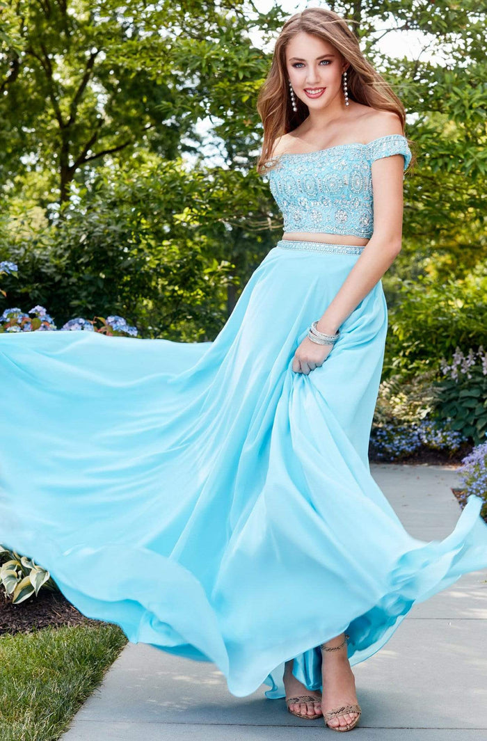 Clarisse - 4938 Off-Shoulder Two-Piece Chiffon Gown Special Occasion Dress 0 / SkyBlue
