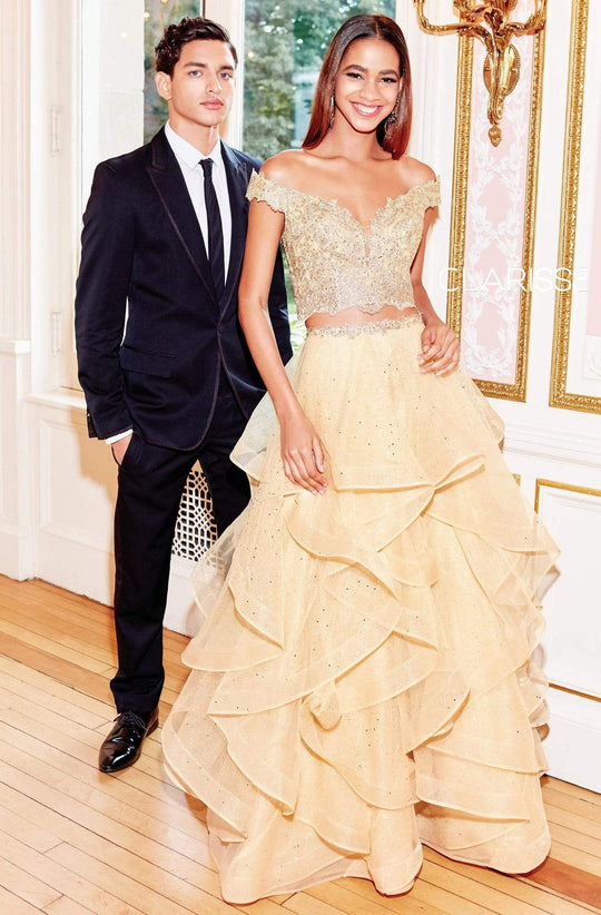 Clarisse - 5048 Two Piece Plunging Off-Shoulder Ruffled A-line Dress