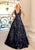 Clarisse - 5105 Plunging V-Neck Pattern-Sequined A-Line Gown Prom Dresses 0 / Navy
