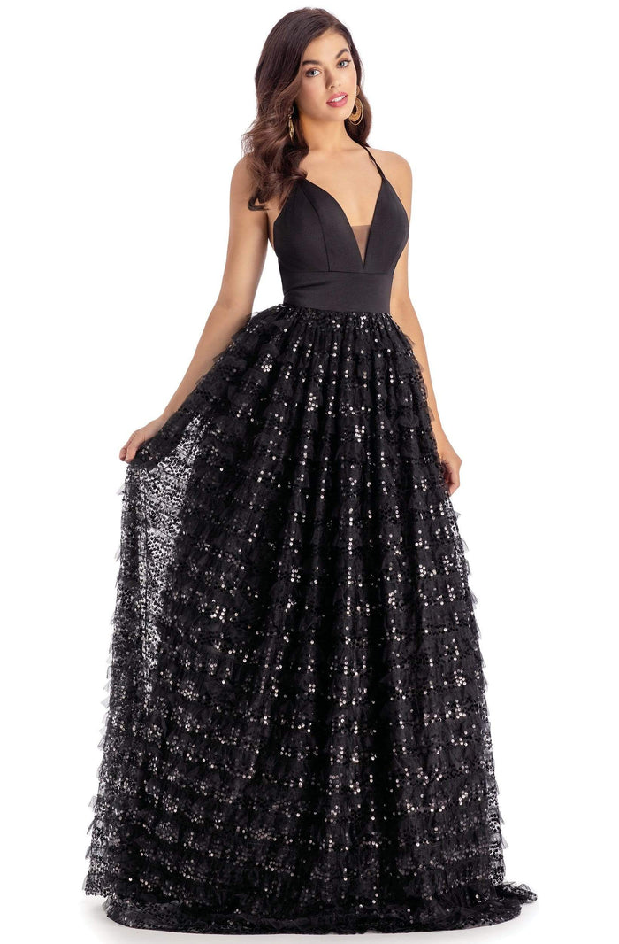 Clarisse - 5145 V-Neck Scoop Back Sequined Tulle Ball Gown Ball Gowns 0 / Black