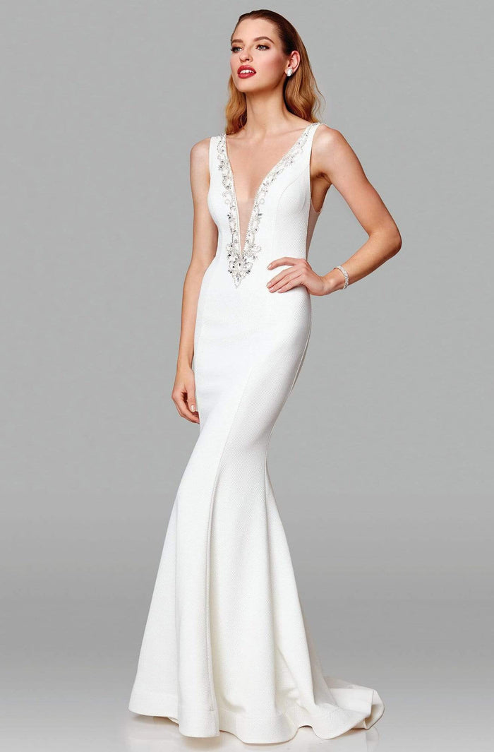 Clarisse - 600129 Embellished Deep V-neck Mermaid Dress Wedding Dresses 0 / Ivory