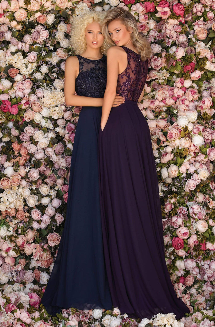 Clarisse - 8025 Sleeveless Embroidered Bodice Chiffon A-Line Gown Prom Dresses 0 / Eggplant