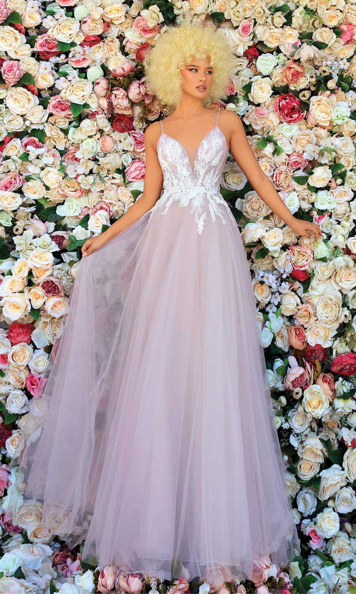 Clarisse - 810152 Tulle V Neck And Back A-Line Gown Prom Dresses 2 / Mauve/Nude
