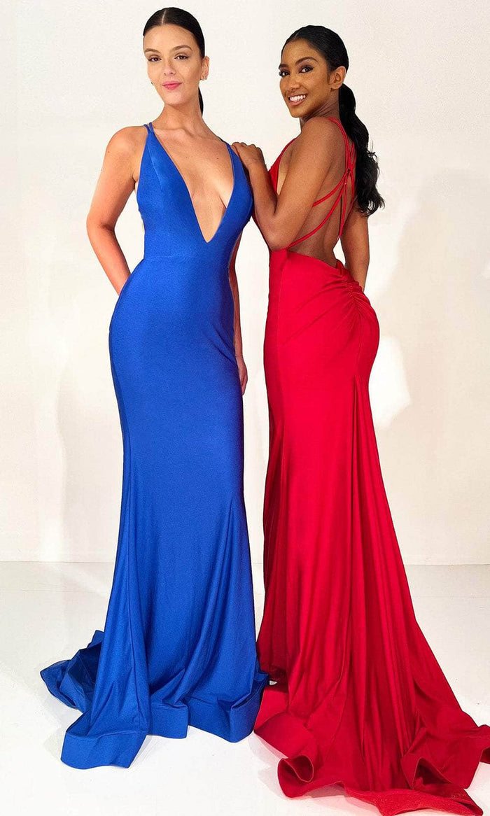 Clarisse 810437 - Plunging V-Neck Jersey Prom Gown Evening Dresses 00 / Deep Red