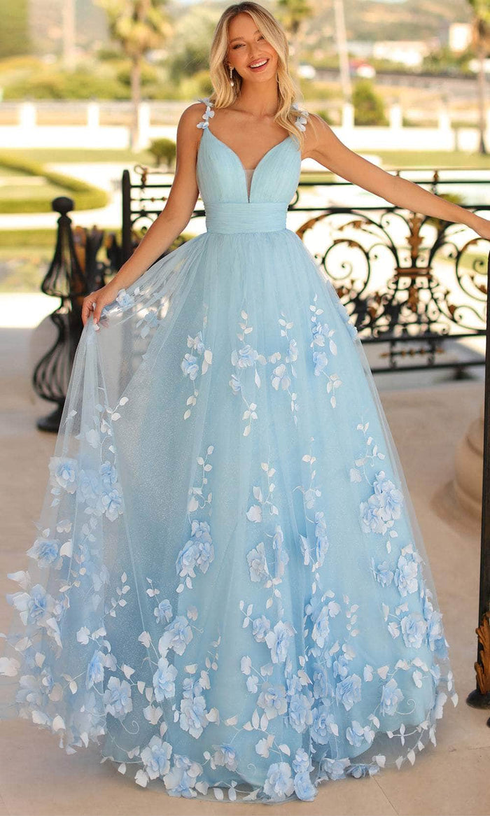 Clarisse 810597 - Floral Appliqued A-line Dreamy Dress Evening Dresses 00 / Powder Blue