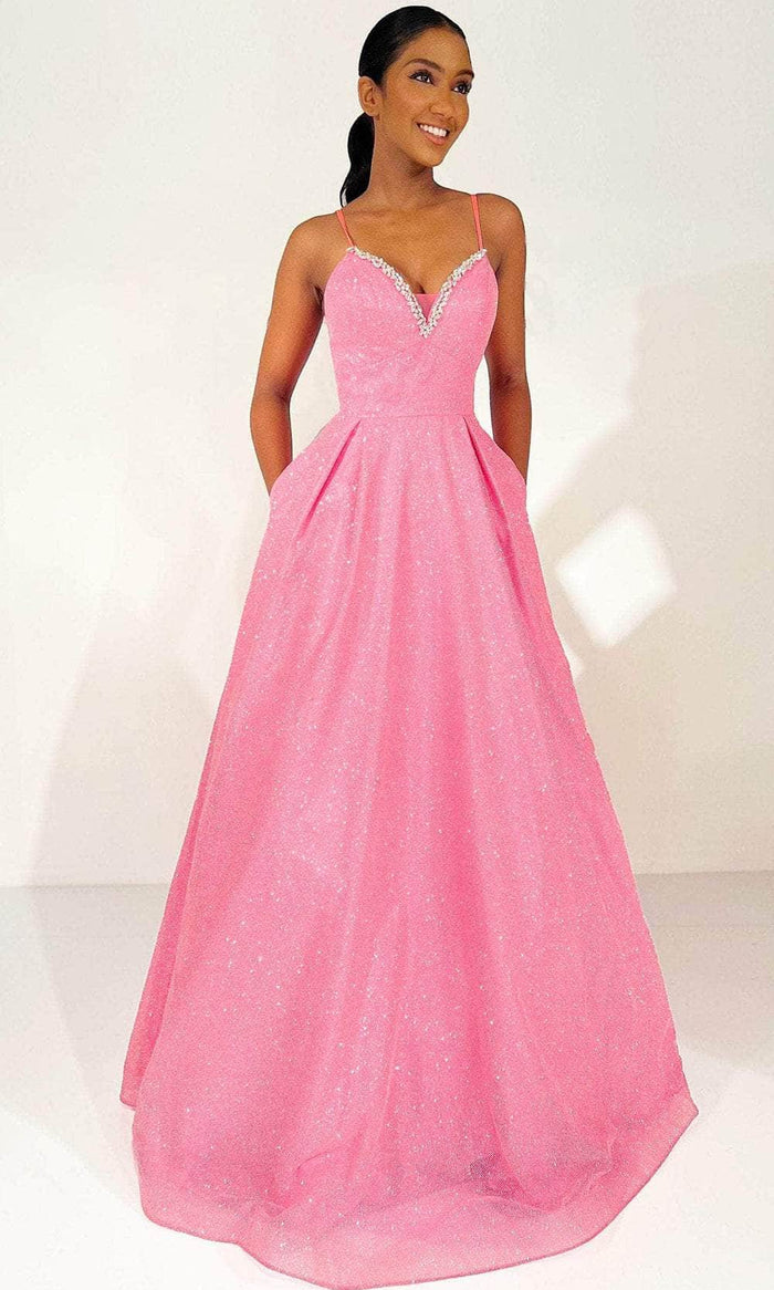 Clarisse 810635 - Beaded V-Neck Pleated Ballgown Ball Gowns 0 / Bubblegum Pink