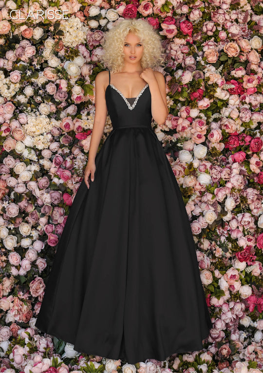 Clarisse - 8199 Mikado Plunging V-Neck Simple Prom Gown