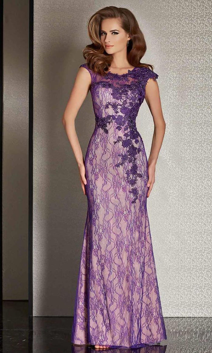 Clarisse - M6236 Sheer Lace Applique Evening Gown Special Occasion Dress 10 / Purple/Nude