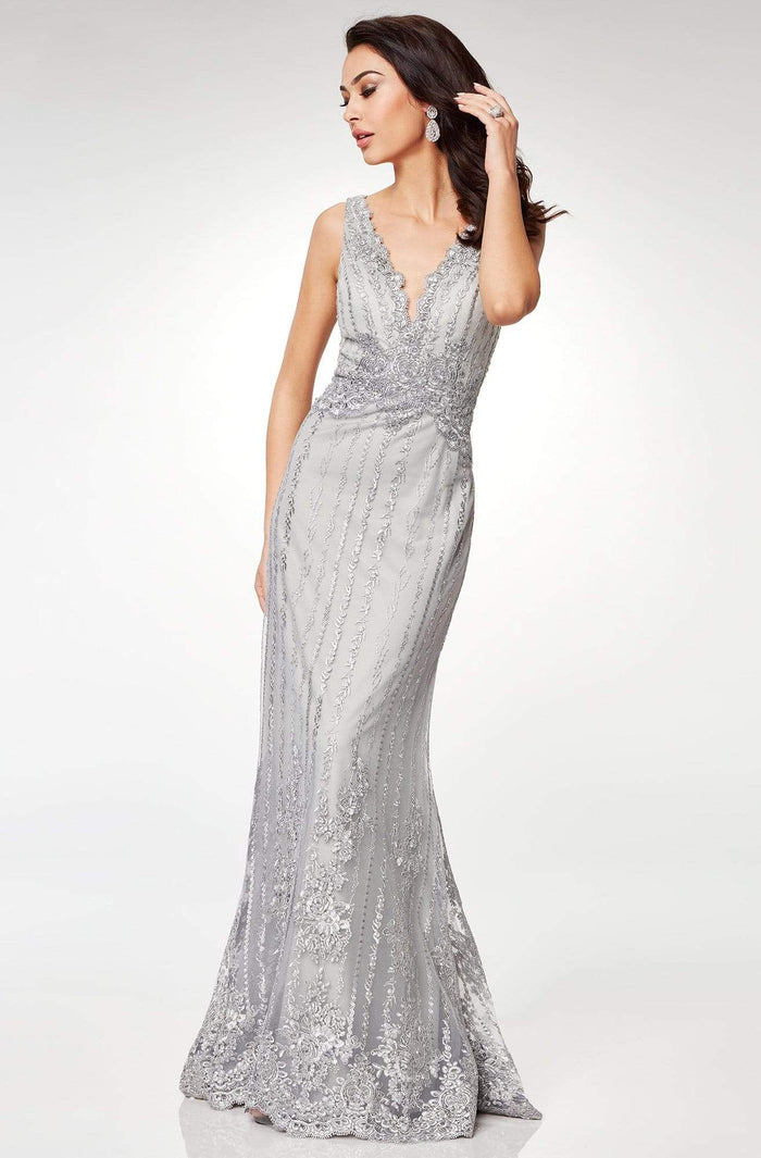 Clarisse - M6501 Adorned Lace Applique Long Sheath Gown Special Occasion Dress 6 / Gray