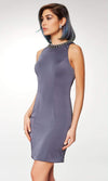 Clarisse - M6567 Crystal Beaded Halter Satin Sheath Dress Special Occasion Dress 6 / Charcoal4