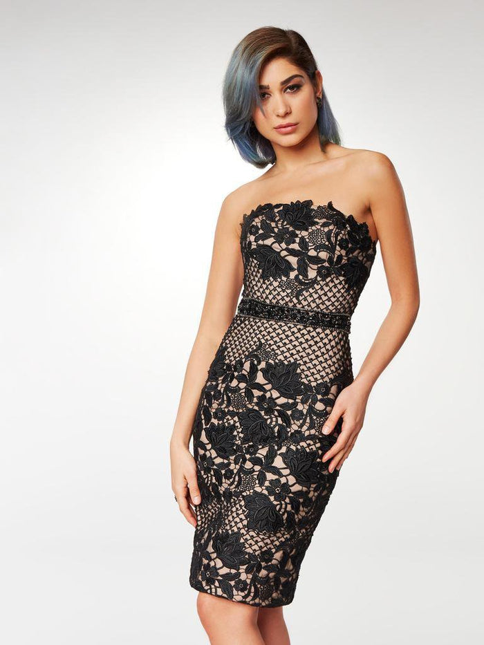Clarisse - M6571 Knee Length Embroidered Lace Strapless Dress Special Occasion Dress 6 / Black/Nude