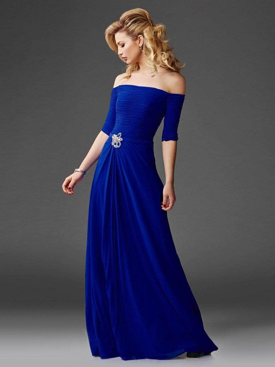 Clarisse - Quarter Sleeve Off-Shoulder Evening Dress M6404 - 1 pc Navy In Size 12 Available CCSALE 12 / Navy