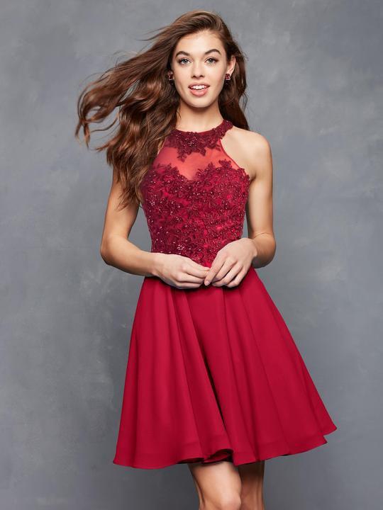 Clarisse - S3528 Lace Halter Neck Chiffon A-line Dress Special Occasion Dress 0 / Crimson