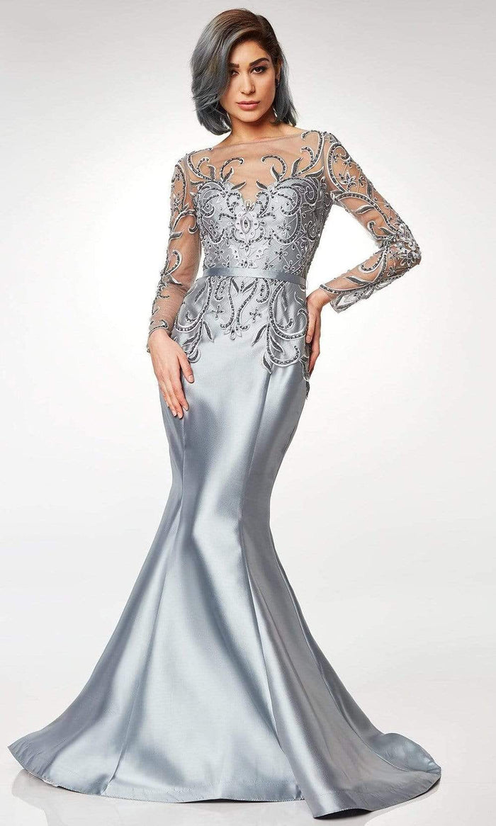 Clarisse - Scroll Motif Illusion Bateau Mermaid Gown M6523 - 2 pc Silver In Size 6 and 10 Available CCSALE 10 / Silver