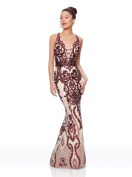 Clarisse - Sequined Deep V-neck Mermaid Dress 3797 CCSALE 6 / Wine/Nude