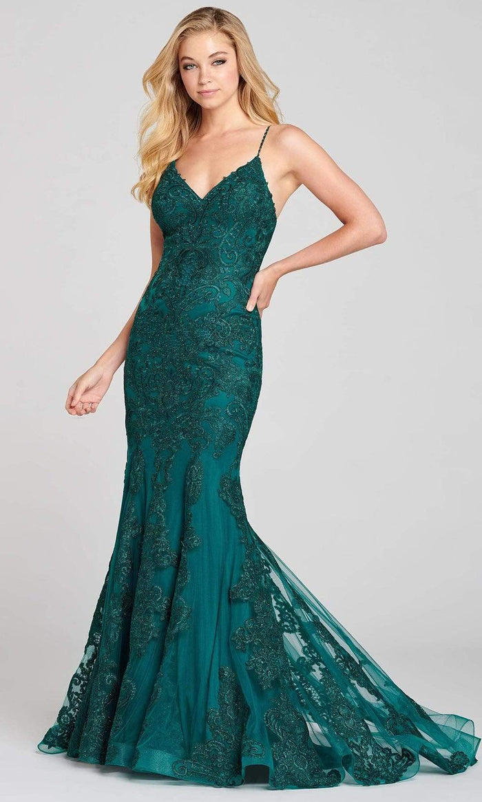 Colette for Mon Cheri - CL12128 Embroidered Applique Mermaid Gown Evening Dresses 00 / Evergreen