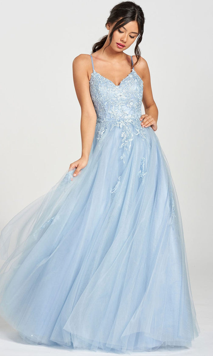 Colette For Mon Cheri CL12212 - Beaded Lace Appliques Ball Gown Prom Dresses 00 / Misty Blue