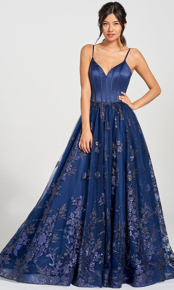 Colette For Mon Cheri CL12219 - Glitter Tulle Corset Ball Gown Prom Dresses 00 / Navy Blue