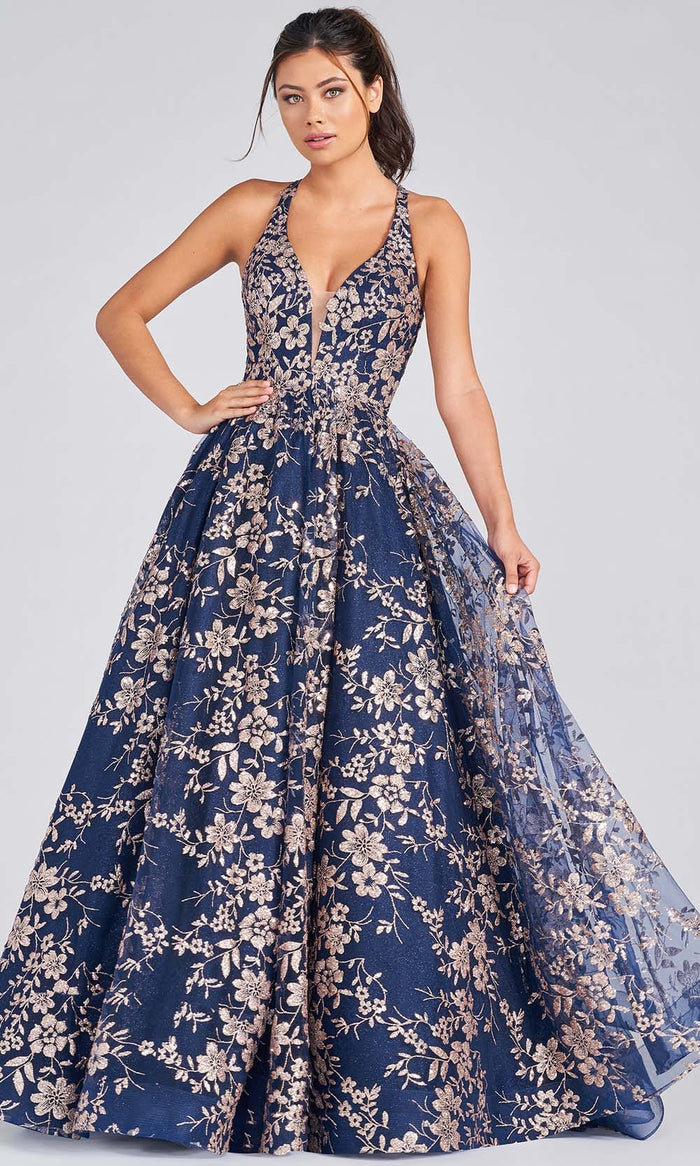 Colette For Mon Cheri CL12223 - V-Neck Prom Ballgown Prom Dresses 00 / Navy Blue/Gold