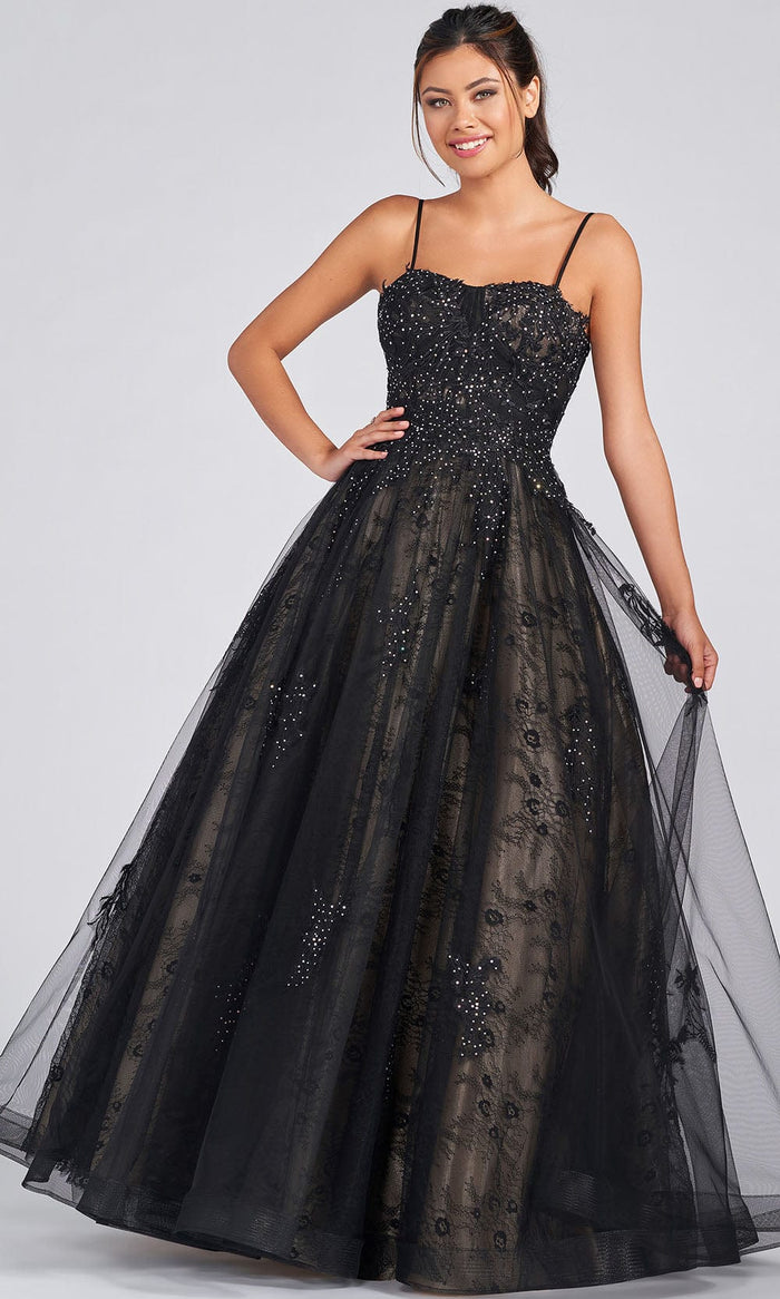 Colette For Mon Cheri CL12248 - Lace And Tulle A-line Gown Prom Dresses 00 / Black/Nude