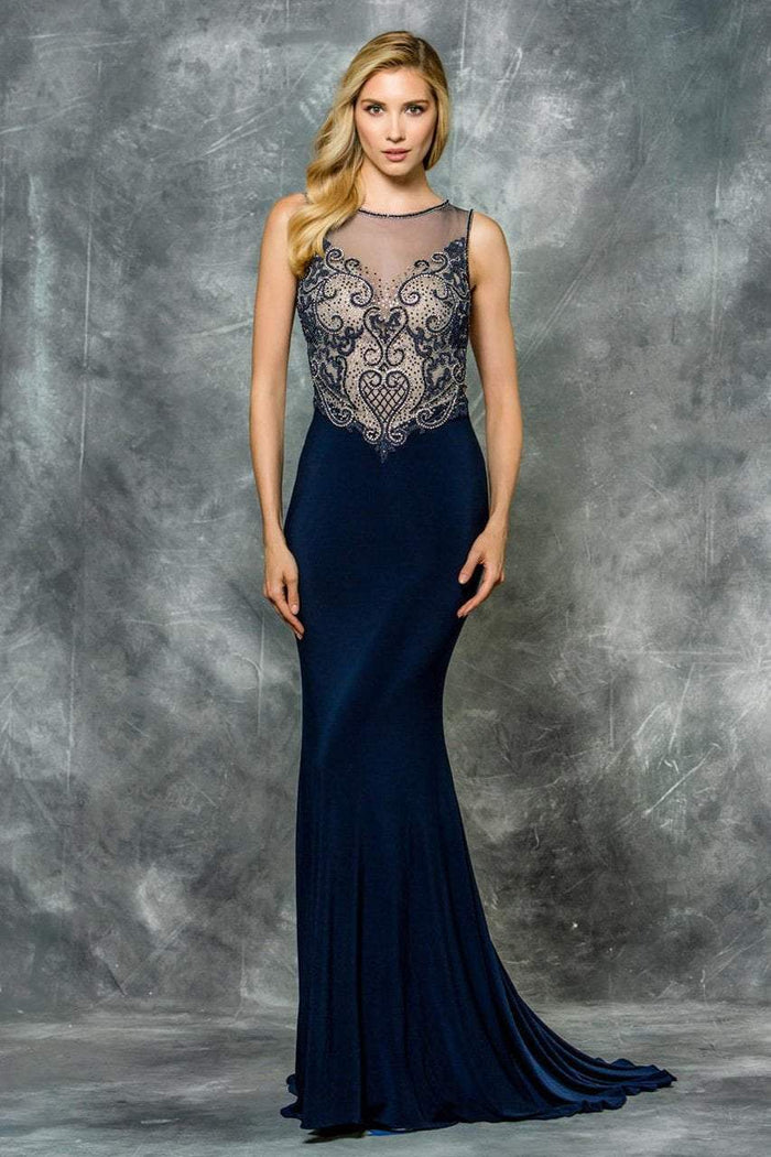 Colors Dress - 1710-1 Sleeveless Jersey Evening Gown Special Occasion Dress 00 / Navy