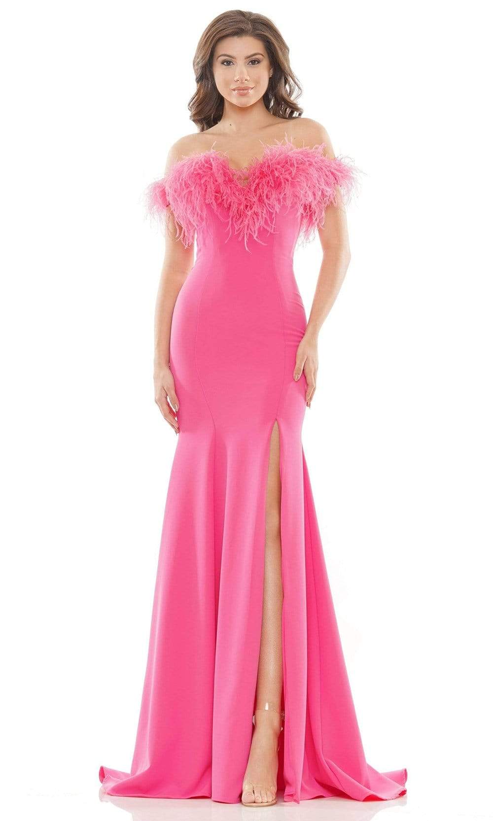 Colors Dress - 2663 Feather Trimmed High Slit Gown – Couture Candy