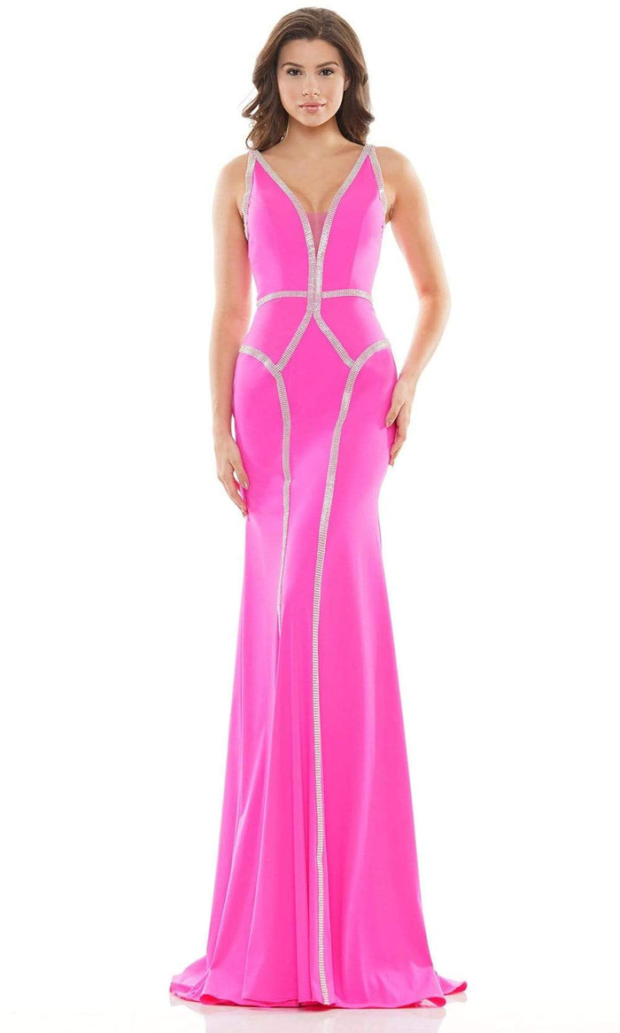 Colors Dress - 2696 Jewel Trimmed V-Neck Gown Prom Dresses 0 / Hot Pink