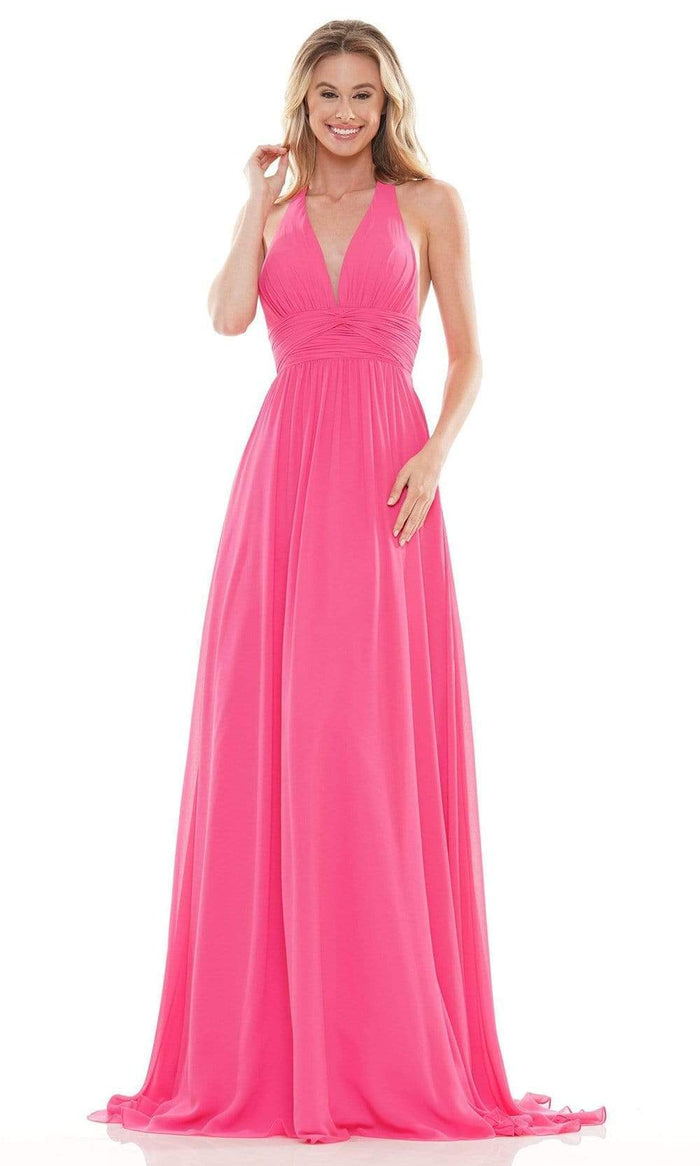 Colors Dress - 2734 Shirred Halter A-Line Gown Prom Dresses 0 / Hot Pink
