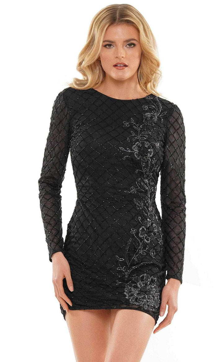 jewel neck bodycon dress Elizabeth K - GS2134 Sequined Illusion Jewel Neck Bodycon Dress XS / Teal/Black
