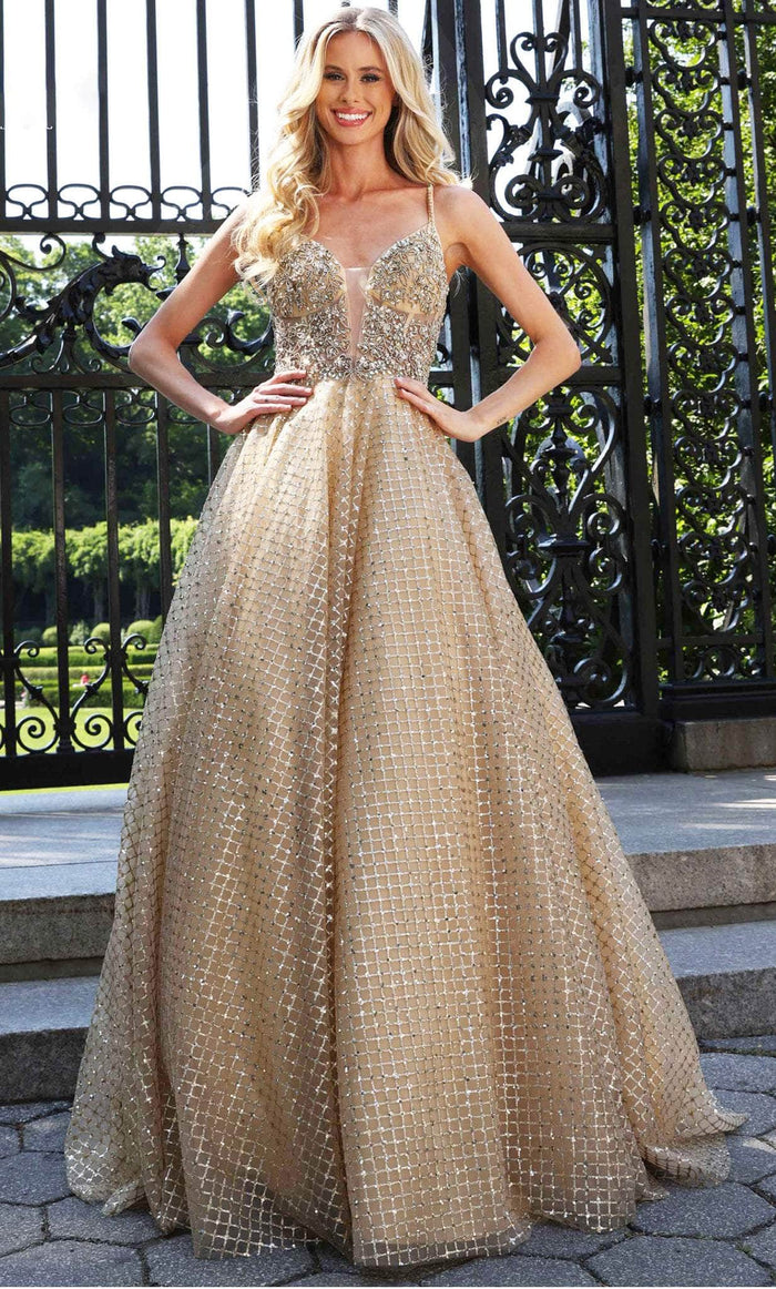 Colors Dress 2935 - Lattice Glittered A-line Sleeveless Gown Prom Dresses 0 / Gold