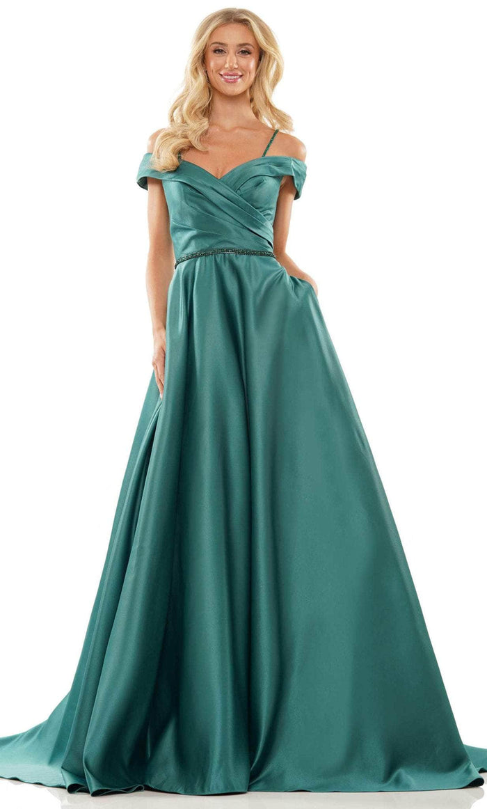 Colors Dress 2938 - Off Shoulder Satin Prom Gown Prom Dresses 2 / Deep Green